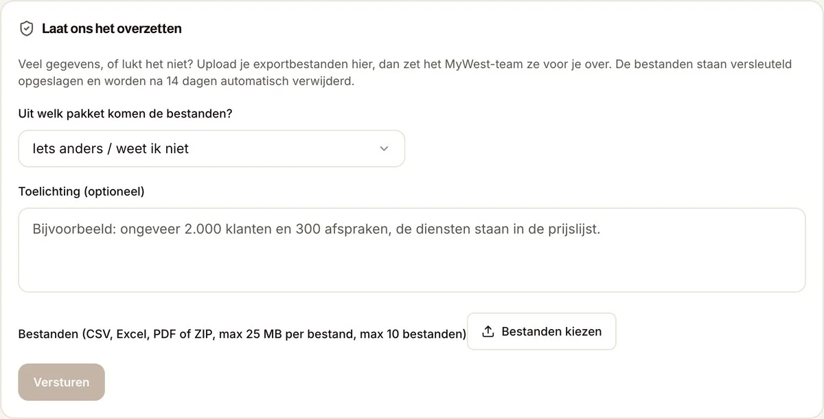 Begeleide overstap: bestanden veilig uploaden, het MyWest-team zet ze over