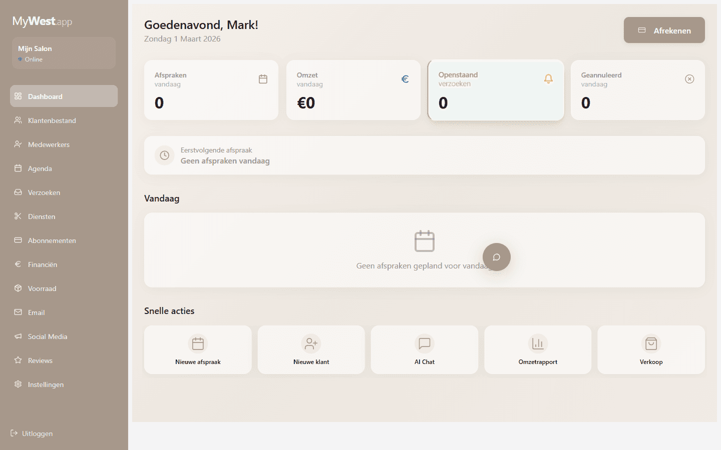 MyWest salon agenda met klantafspraken, dagomzet en online boekingen overzicht